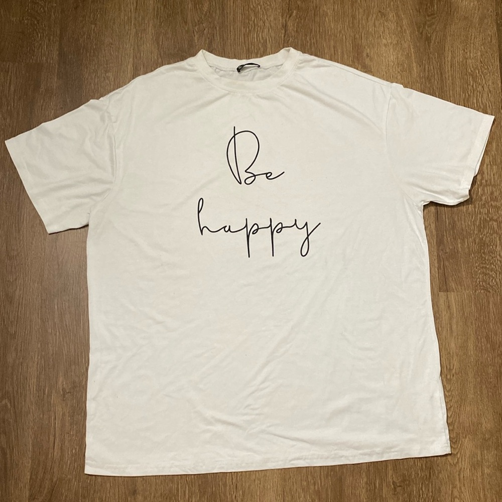 SHEIN xl loose fitting white graphic t shirt be happy in cursive